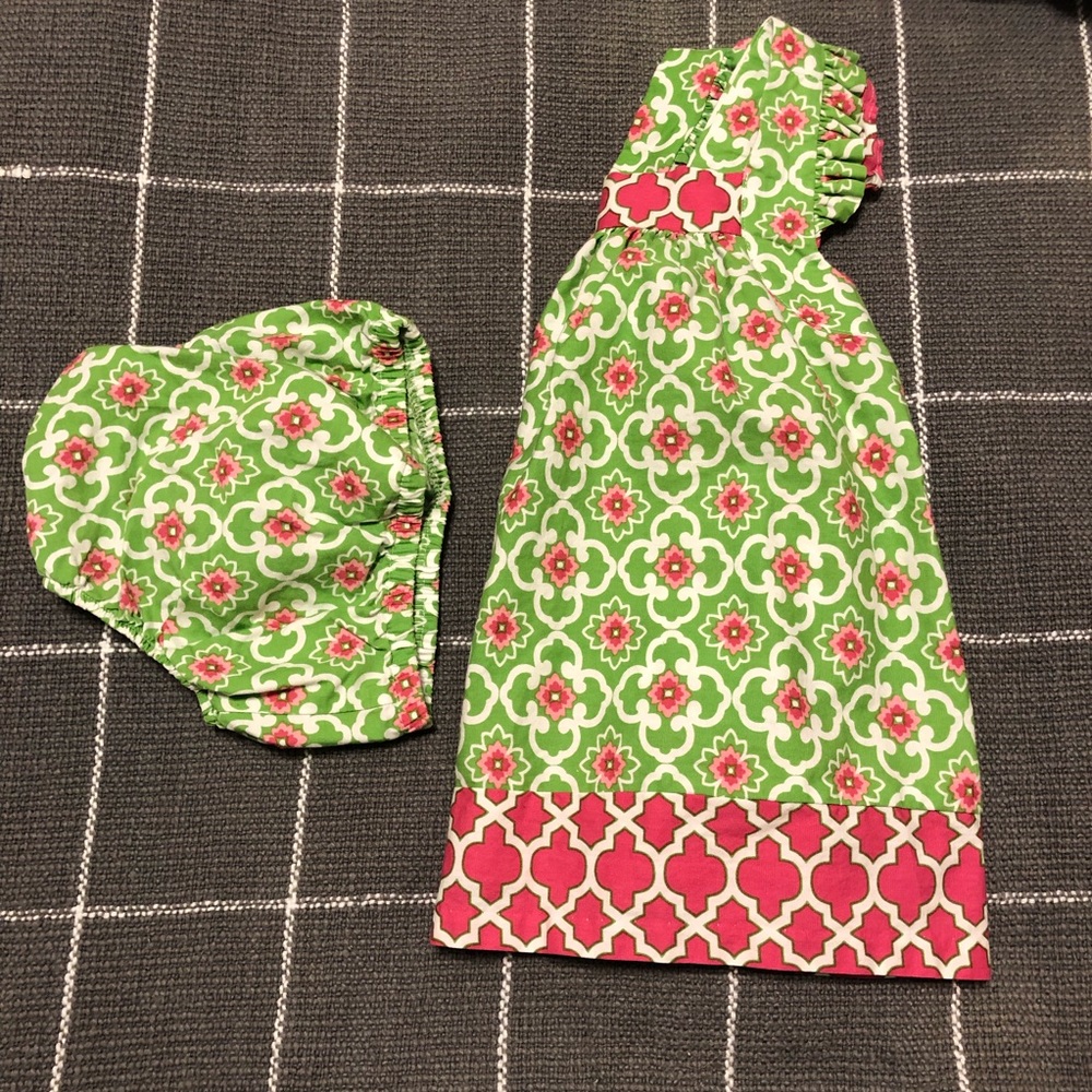 Pink and green sundress with bloomers. 12 months.